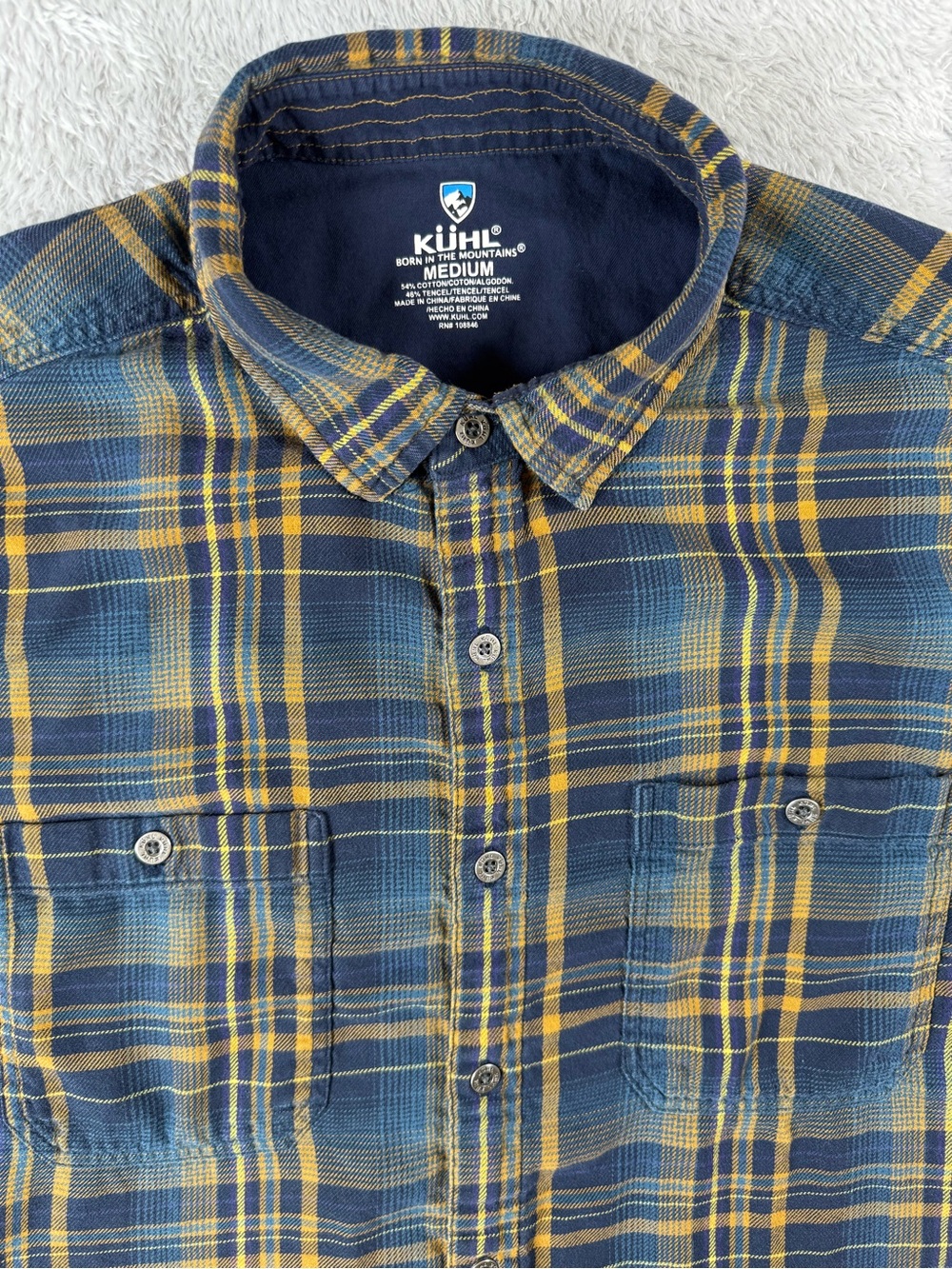 Kuhl Flannel Shirt‎ Medium Blue Yellow Plaid Button Up Outdoor Hiking - Picture 5 of 11
